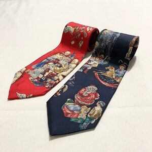 Wembley Mens Santa Christmas Holiday 100% Silk Tie Blue Red Made In USA Lot Of 2